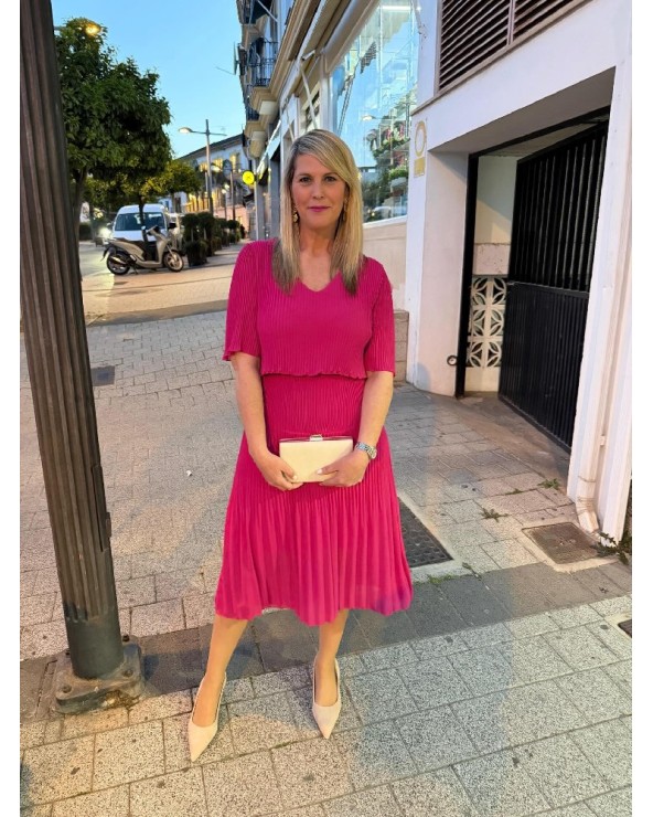 5333 R. Fucsia Vestido Plizado Doble capa